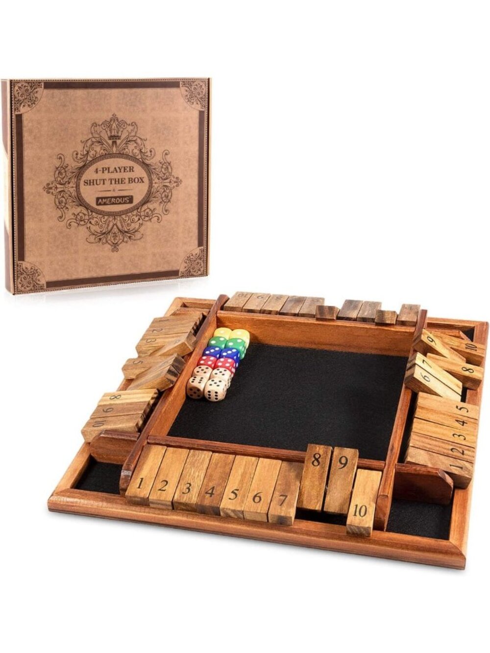 Shut The Box Dice Game for 1-4 Players, Wooden Math Board Game with 12 Dice